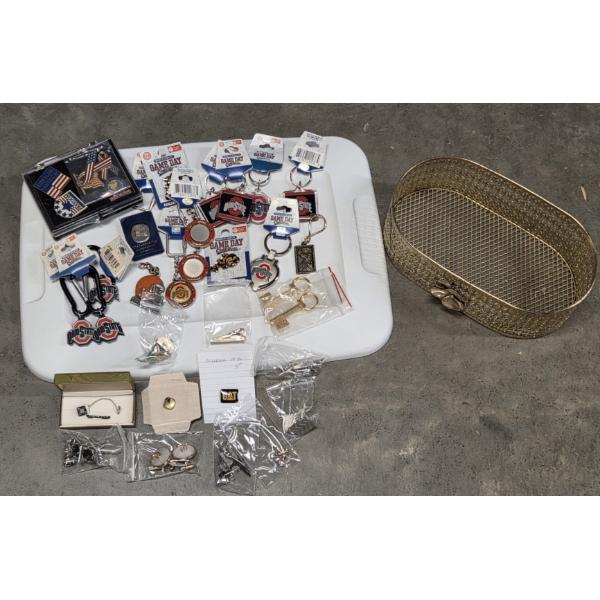 New Key Chain Group, & Vintage Pins And Cufflink Collection In Wire Basket