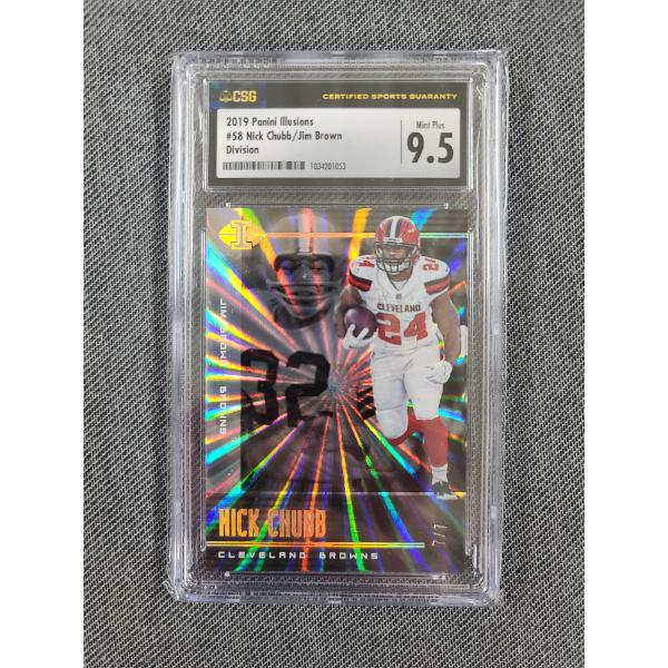 CSG 9.5 NM/Mint 2019 Panini Illusions #58 Nick Chubb/Jim Brown Division 7/7