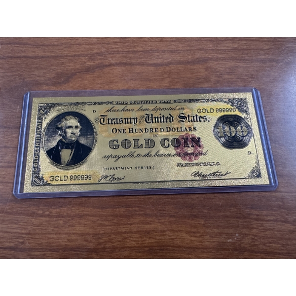 $100 Gold Coin Note Pure 24k .999999 Gold Foil Note In Protective Holder - Mint Condition