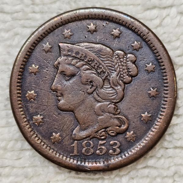 100% Copper 1853 Braided Hair Large Cent FV: $.01