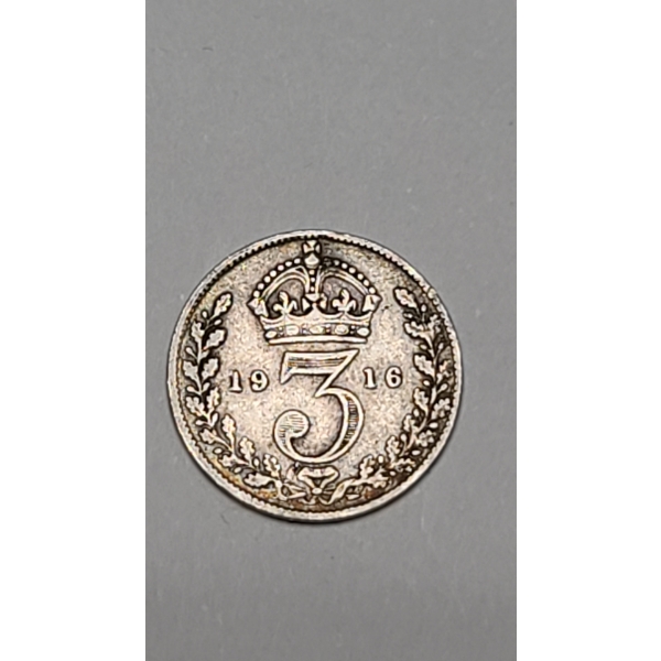 1916 Great Britain 92.5% Silver Three Pence Coin - ASW: 0.042oz