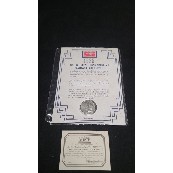 1935-P Silver Peace Dollar in First Commemorative Mint Display With Stamp