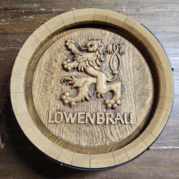 Vintage 16" Löwenbräu Lion Crest Barrel End Faux Wood Foam Bar Sign