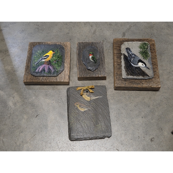 Gorgeous Hand Painted Henry Edinger Slate With Wood Back Bird Paintings