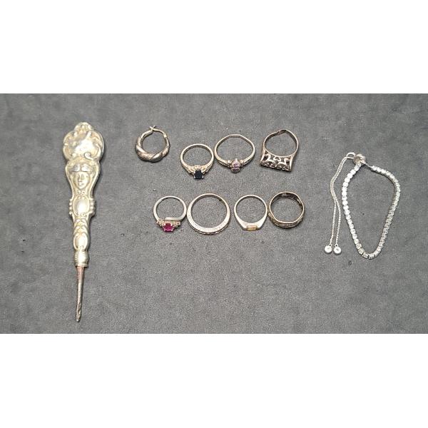 Assorted Sterling Silver Jewelry & Vintage Sterling Handled Tool - Total Weight:  24.6g