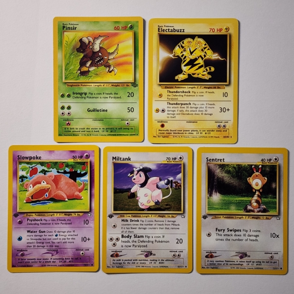 Five Assorted Vintage Pokemon Trading Cards Ft. Two Rares & THREE DIFFERENT 1ST EDITION NEO GENESIS 