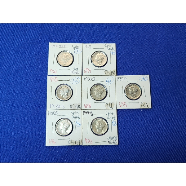 Lot of 7 Mercury Silver Dimes - Including Higer-Grade & Split Bands! 
