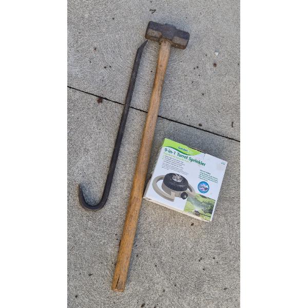 PICKUP IN CANTON -  12 LB? SLEDGE HAMMER & 24" CROW BAR & LAWN SPRINKLER AS SHOWN GOOD CONDITION