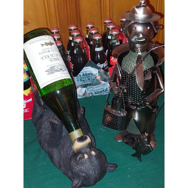 2 Pc Wine Bottle Holders - Black Bear & Tin Man As Shown See Pics  Bottles Empty Included