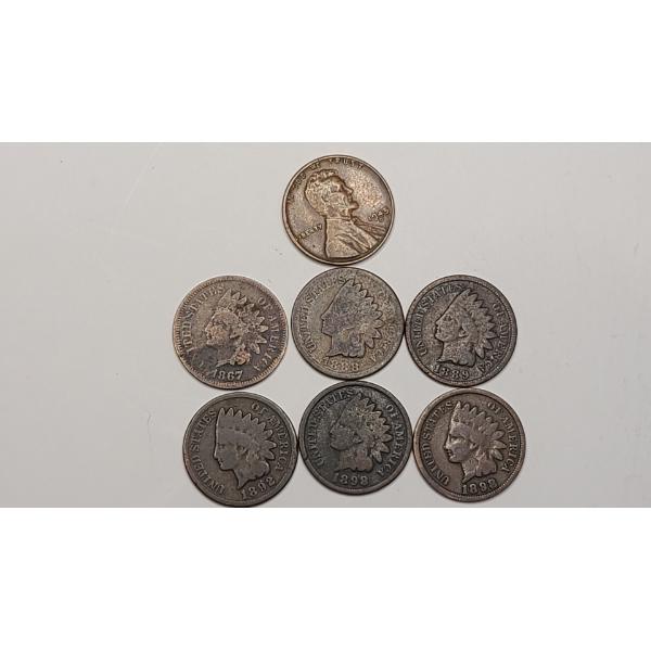 1945-D Lincoln Wheat Cent & (6) Assorted Years Indian Head Cents - Face Value: $0.07