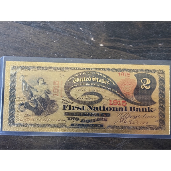 $2 National Bank Emporia Kansas Gold Foil .999999 - Gold Note In Protective Holder - Mint Condition