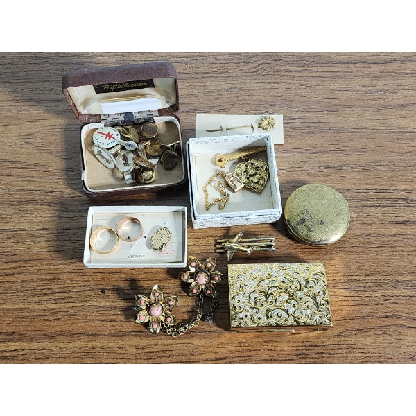 Assorted Gold-Tone Jewelry/Collectibles Including Gold-Plated Ring, Vintage Makeup Compact, & More! 