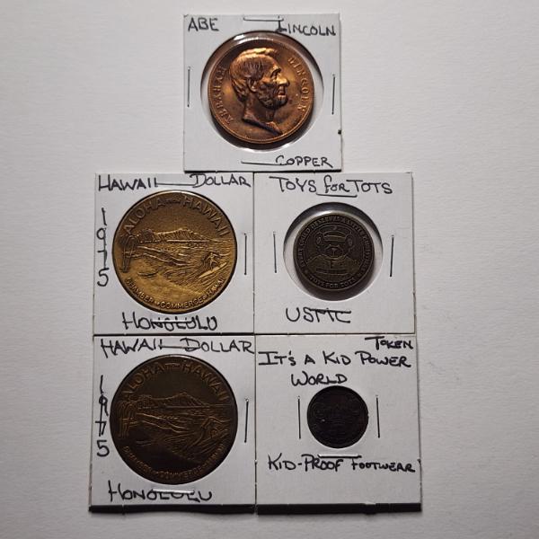 Five Assorted Coins & Tokens Ft.  Hawaii Dollars, Abe Lincoln Copper Coin & MORE!