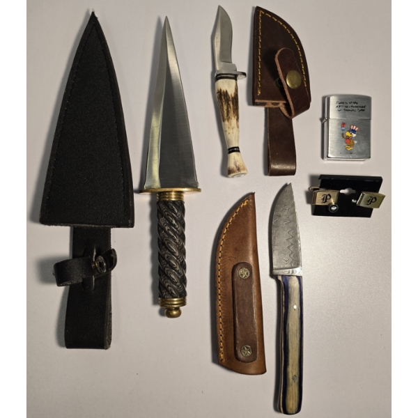 Lot of 3 Knives including 1 Damascus Knife and More