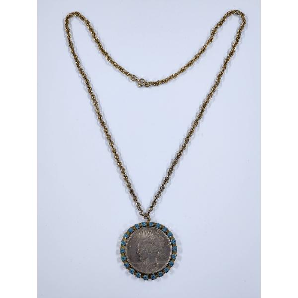 1922 United States Silver Peace Dollar on Necklace With Blue Stones Surrounding!