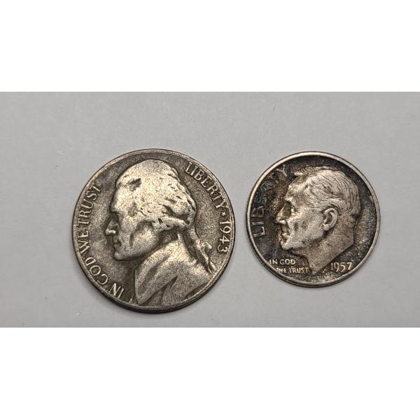 United States 1943-P 35% Silver Jefferson Wartime Nickel & 1957 Roosevelt 90% Silver Dime - FV: 0.15