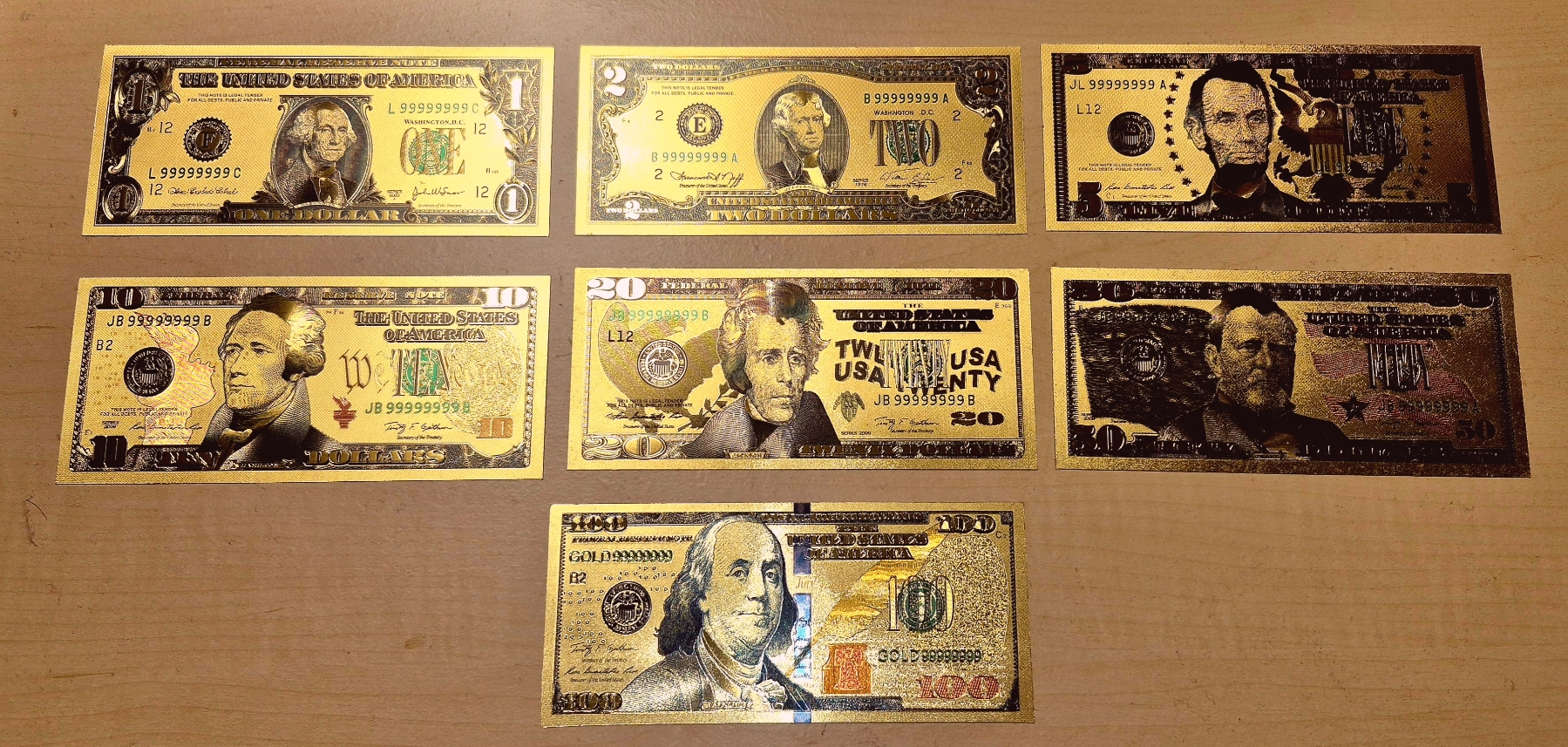 7 Pc Set Pure 24k .999 Gold Foil Bank Note US Currency Replicas - Each ...