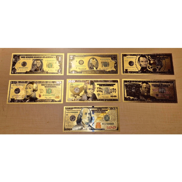 7 Pc Set Pure 24k .999 Gold Foil Bank Note US Currency Replicas - Each In Mint Condition 