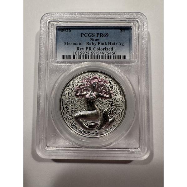 2026 Mermaid - Baby Pink Hair .999 Silver One Troy Ounce Coin - Graded PCGS MS69 Reverse Proof 