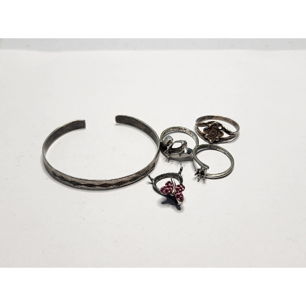 Sterling Silver Jewelry: Scrap Rings, Butterfly Detail Piece, Bangle TW: 16.8g
