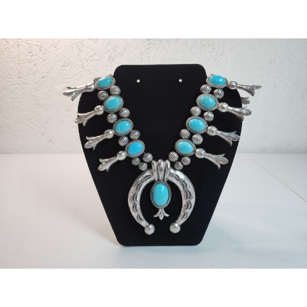 Silver-Tone Squash Blossom Statement Necklace with Turquoise Stones