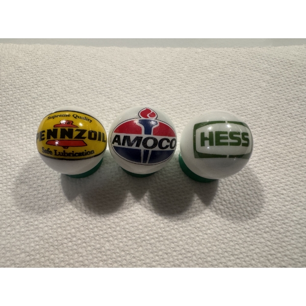 3 - Vintage Gas & Oil Advertising One Inch Shooter Marbles - Pennzoil, Amoco & Hess - Mint Condition
