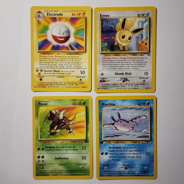 Four Assorted Vintage Pokemon Trading Cards Including Two Rares, Eevee & 1ST EDITION MANTINE