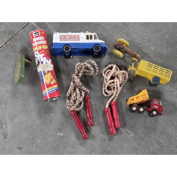 Vintage Toy Collection Including 2 Wood Handle Jump Ropes, Metal Tonka Dump Truck, Pick up Stix Game