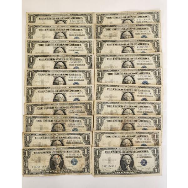 Lot of 20 United States Blue Seal $1 Silver Certificates - Face Value $20.00