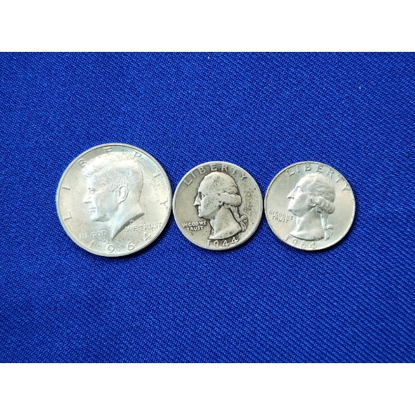 (3) U.S. Silver Coins: 1964 Kennedy Half Dollar, 1944 & 1964 Washington Quarters