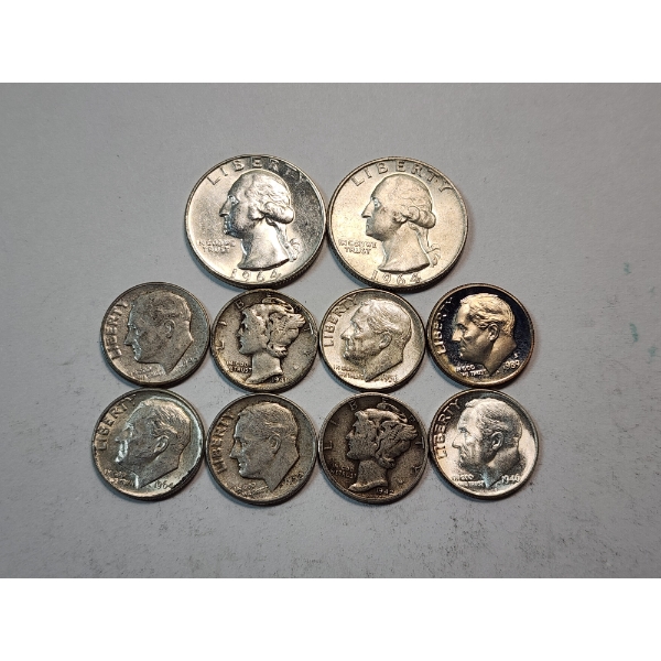 Assorted U.S. 90% Silver Coins: Quarters and Dimes Face Value: $1.30