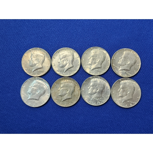 Lot of 8 Assorted Years 40% Silver Kennedy Half Dollars - Face Value: $4.00