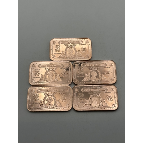 Five $2 George Washington 'Silver Certificate' 1oz .999 Copper Bar