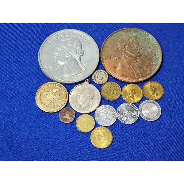 Lot of Assorted U.S. Tokens, Novelty Coins, Eisenhower Dollar, Flying Eagle Cent