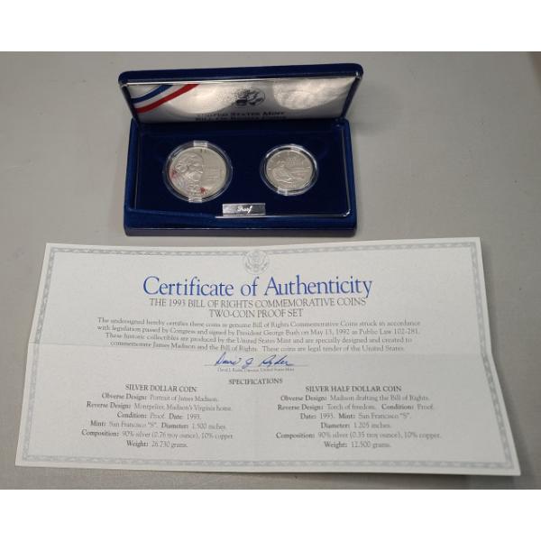 1993-S Bill Of Rights Commemorative Two 90% Silver Coin Proof Set With COA