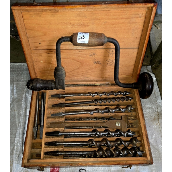 Antique Hand Drill with Assorted Bit in Custom Wooden Box