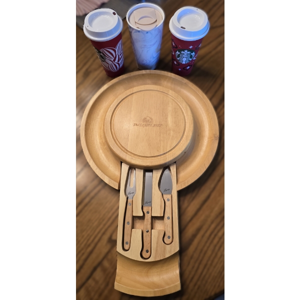 14" Wood Charcuterie Tray with Hidden Knives and 3 Travel Mugs