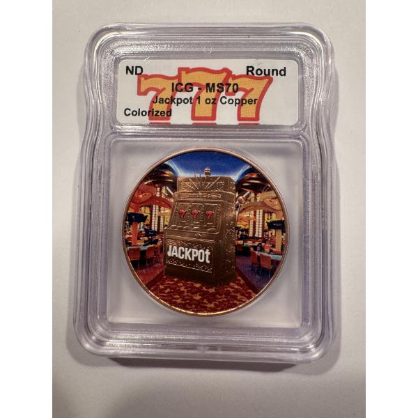 Las Vegas Lucky 777 Jackpot Copper Coin .999 Fine One Ounce Graded MS70 By ICG - Mint Condition