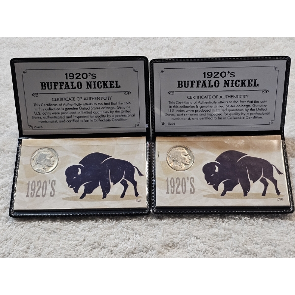 Two 1920's Buffalo Nickels with Folio Displays and Certificates of Authenticity - GREAT CONDITION!!!
