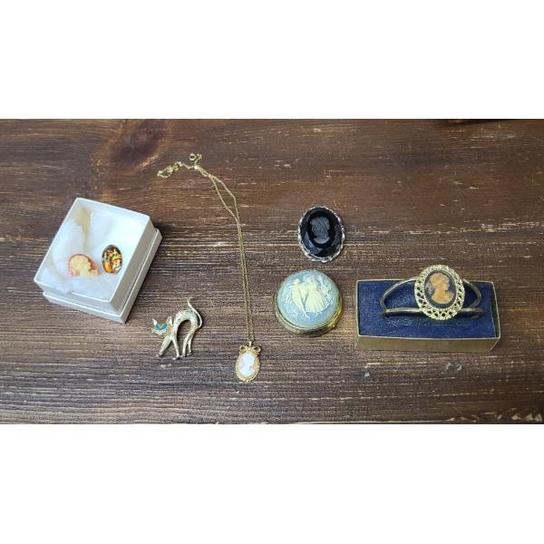 Assorted Cameo Jewelry Pieces & More Including Cameo Pill Holder