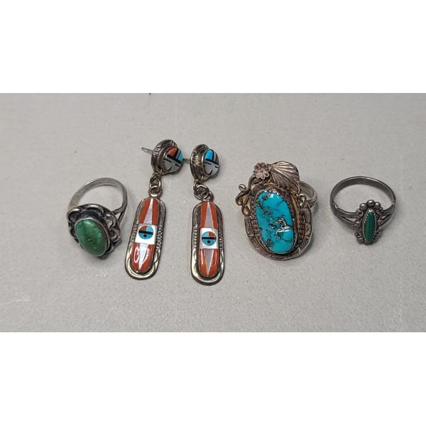 Collection Of Sterling Silver Southwestern Style Jewelry Featuring Turquoise - Total Weight: 20.8g