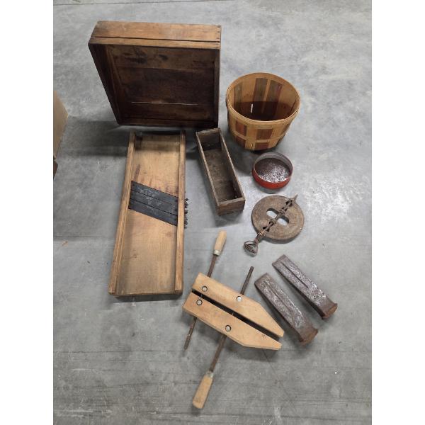 Vintage Collectables Including 2 Heavy Metal Wedges, Wood Basket, Cabbage Slicing Board & More