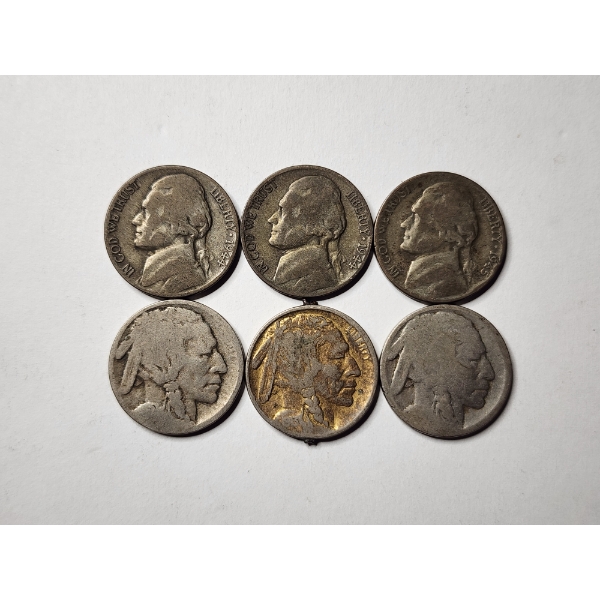 Six Assorted United States Nickels Featuring Three Silver Wartime Nickels & Three Buffalo Nickels!