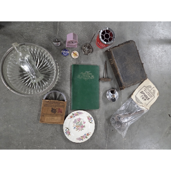 Interesting Vintage Collectables Including Heavy Glass Bowl, Bible, Metal Lighter, Pins, Ashtray & M
