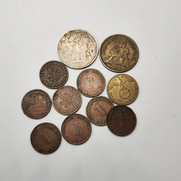 Lot of 11 Assorted Foreign Coins: Germany, France, Belgium