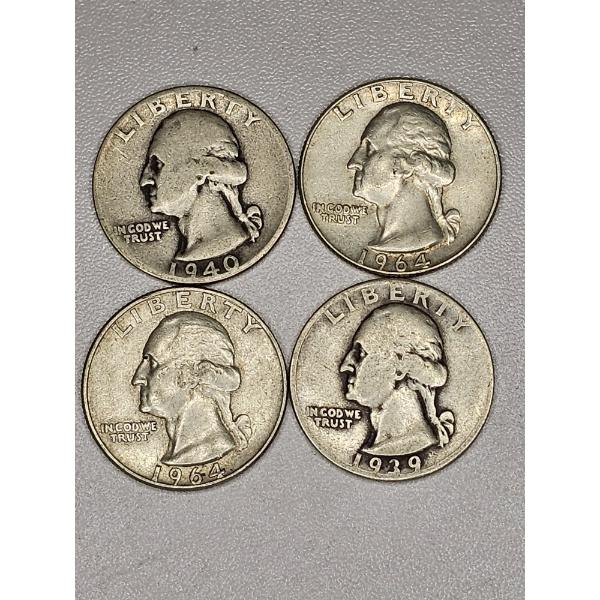4 Count 90% Silver Washington Quarters - AFV $1 Total ~