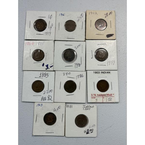 Lot of 11 Assorted Years U.S. Indian Head Cents