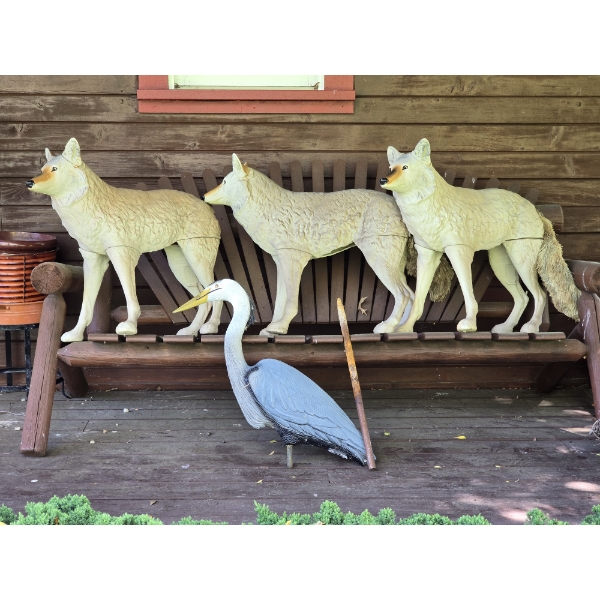 3 Plastic Coyote Decoys and 1 Plastic Bird Decoy - Goose Deterrent