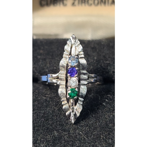 14K White Gold Edwardian Style Ring With Multi-Colored Stones - Size 8 - Weight: 3.5g