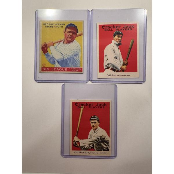 Lot of 3 Cracker Jack & Big League Chew Throwback Cards - Ruth, Joe Jackson & Ty Cobb In
